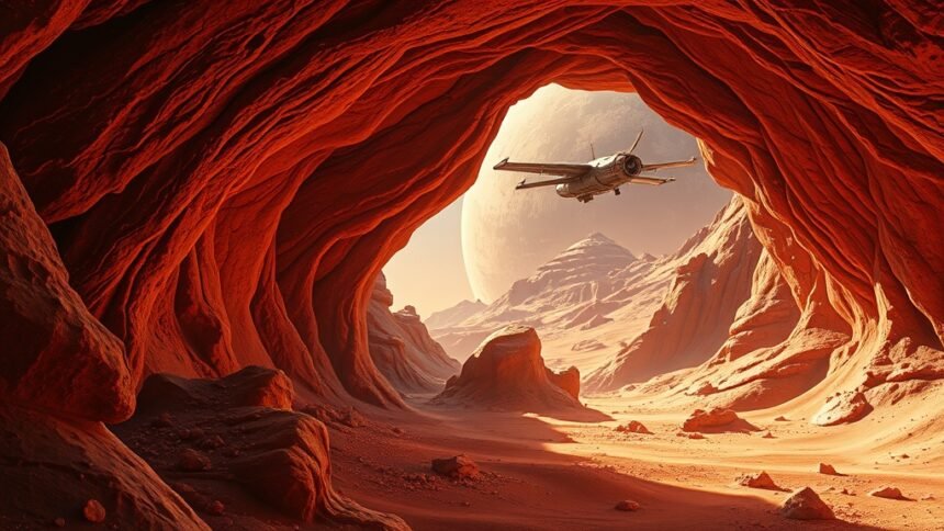 A futuristic illustration of a Mars lava tube with microbial life forms and a spaceship in the background, highlighting the intersection of astrobiology and space exploration.