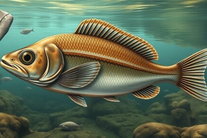 An illustration of a 67 million-year-old fossil of a freshwater fish, with a close-up of its ear structure, in a scenic aquatic environment.