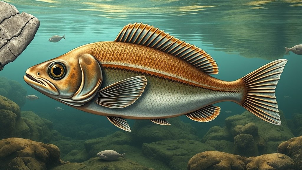 An illustration of a 67 million-year-old fossil of a freshwater fish, with a close-up of its ear structure, in a scenic aquatic environment.
