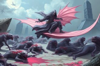 a detailed illustration of a pale pink magic carpet with a deadly killer riding on it, surrounded by paralyzed and liquidized prey in a fantasy setting