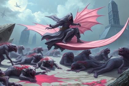 a detailed illustration of a pale pink magic carpet with a deadly killer riding on it, surrounded by paralyzed and liquidized prey in a fantasy setting