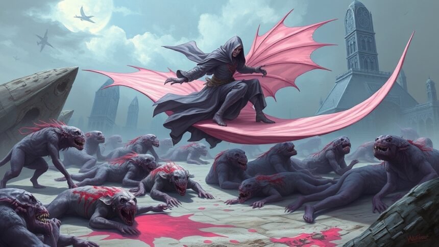 a detailed illustration of a pale pink magic carpet with a deadly killer riding on it, surrounded by paralyzed and liquidized prey in a fantasy setting