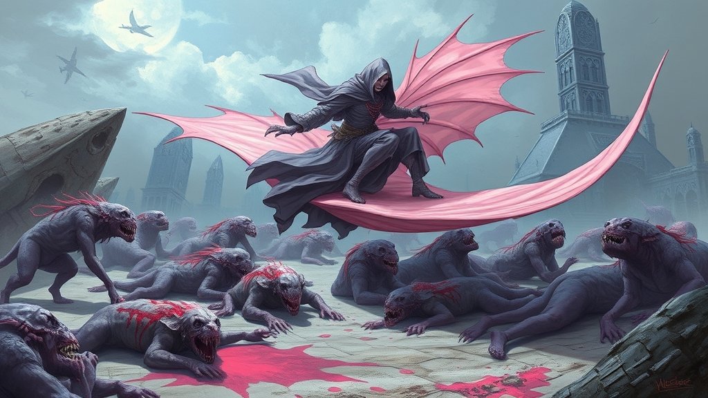 a detailed illustration of a pale pink magic carpet with a deadly killer riding on it, surrounded by paralyzed and liquidized prey in a fantasy setting