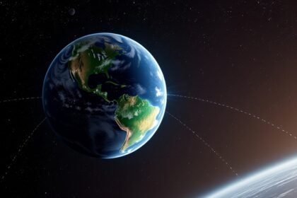 An illustration of the Earth and the Moon in space, with water molecules flowing between them, highlighting the Moon's role in Earth's water supply