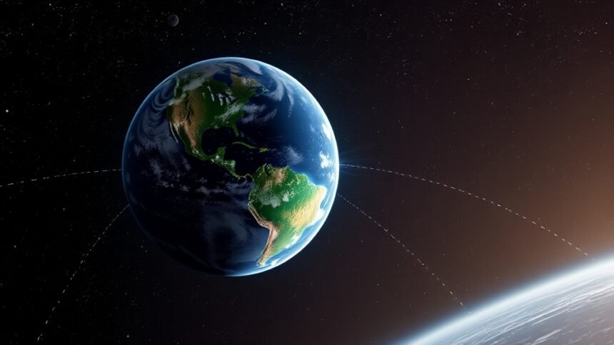 An illustration of the Earth and the Moon in space, with water molecules flowing between them, highlighting the Moon's role in Earth's water supply