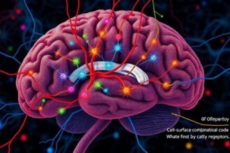 A detailed illustration of the olfactory circuit in the brain, with colorful neurons and synapses, highlighting the cell-surface combinatorial code that determines the specificity of olfactory receptors.