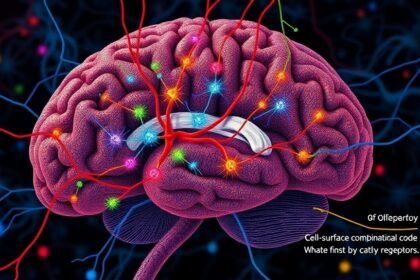 A detailed illustration of the olfactory circuit in the brain, with colorful neurons and synapses, highlighting the cell-surface combinatorial code that determines the specificity of olfactory receptors.