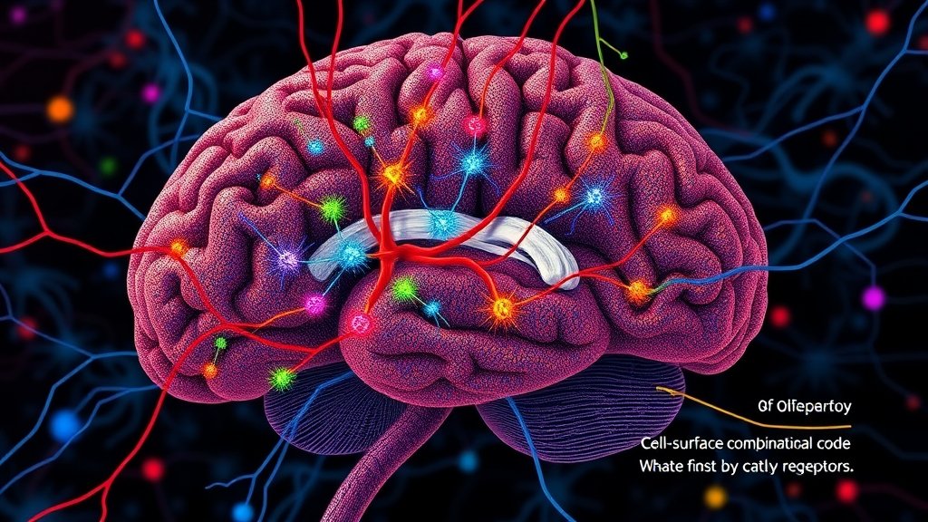 A detailed illustration of the olfactory circuit in the brain, with colorful neurons and synapses, highlighting the cell-surface combinatorial code that determines the specificity of olfactory receptors.