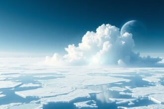 A futuristic illustration of a polar region with a massive cloud of white, reflective particles hovering above the ice, with a subtle image of the Earth in the background, conveying a sense of hope and technological advancement.