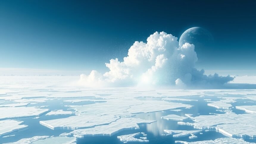 A futuristic illustration of a polar region with a massive cloud of white, reflective particles hovering above the ice, with a subtle image of the Earth in the background, conveying a sense of hope and technological advancement.