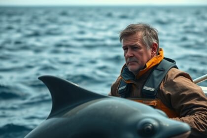 A photograph of a marine biologist in a boat, looking out at a vast expanse of ocean with a concerned expression, with a few marine animals in the foreground.