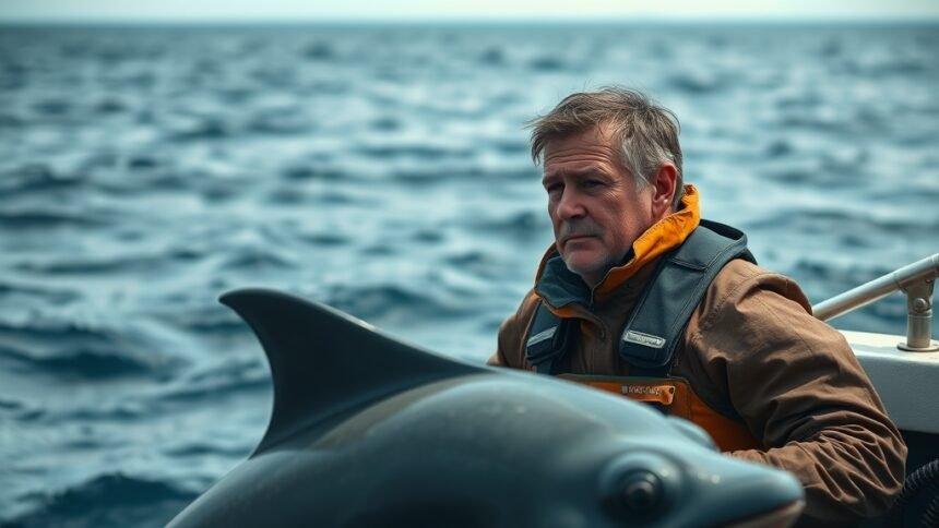 A photograph of a marine biologist in a boat, looking out at a vast expanse of ocean with a concerned expression, with a few marine animals in the foreground.