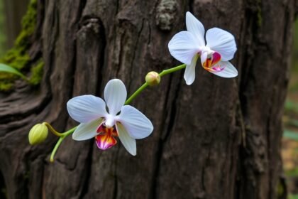 A detailed image of an orchid growing on a deadwood tree in a forest, with a few leaves and some moss, illustrating the symbiotic relationship between the two.