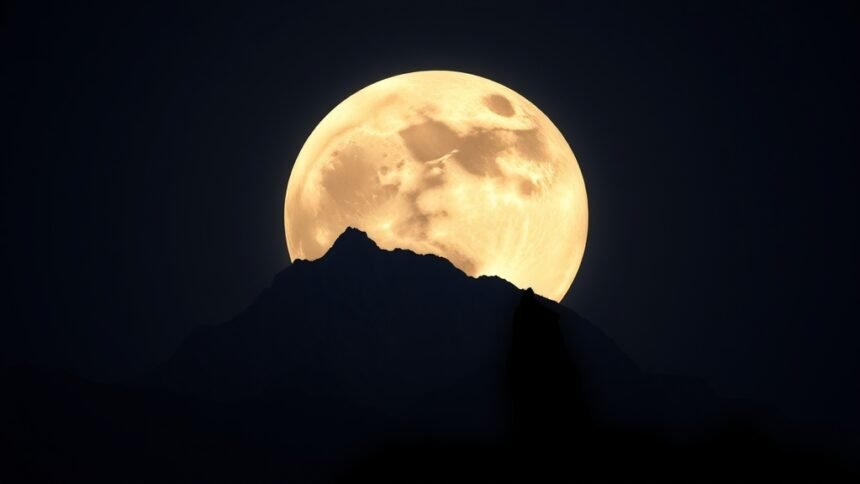 A high-resolution image of the full moon rising over a mountain range, with a subtle silhouette of a wolf in the foreground, symbolizing the Wolf Supermoon.
