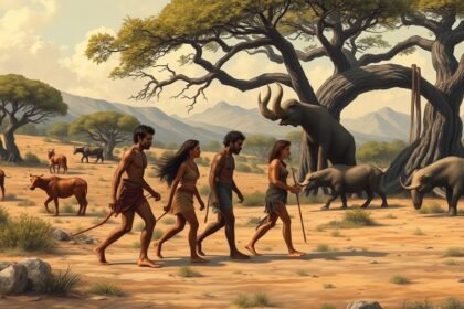 A detailed illustration of early human ancestors walking upright in a prehistoric landscape with ancient trees and animals in the background