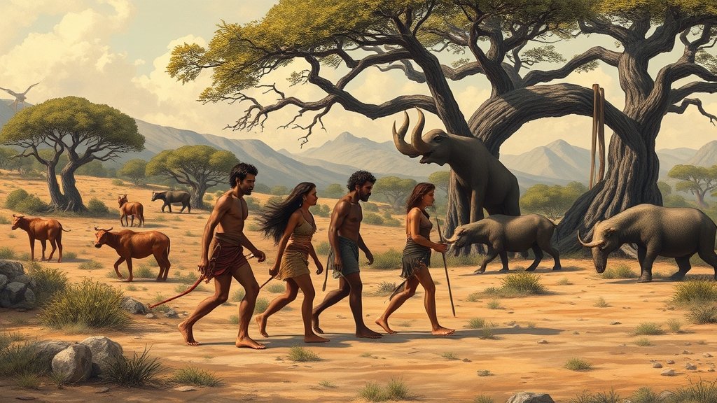 A detailed illustration of early human ancestors walking upright in a prehistoric landscape with ancient trees and animals in the background