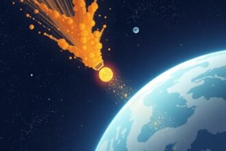 An illustration of a spacecraft collecting cosmic dust in space, with the Earth and stars in the background, representing India's groundbreaking hunt for interplanetary secrets.