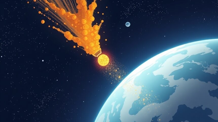 An illustration of a spacecraft collecting cosmic dust in space, with the Earth and stars in the background, representing India's groundbreaking hunt for interplanetary secrets.