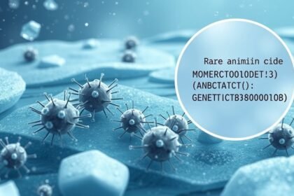 An illustration of Antarctic microbes in a cold environment, with a magnified view of their genetic code and the rare amino acid they produce.