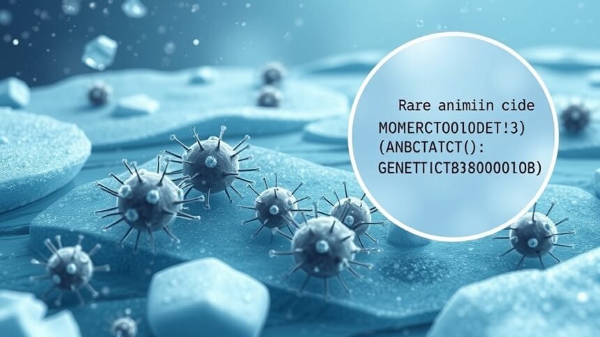 An illustration of Antarctic microbes in a cold environment, with a magnified view of their genetic code and the rare amino acid they produce.