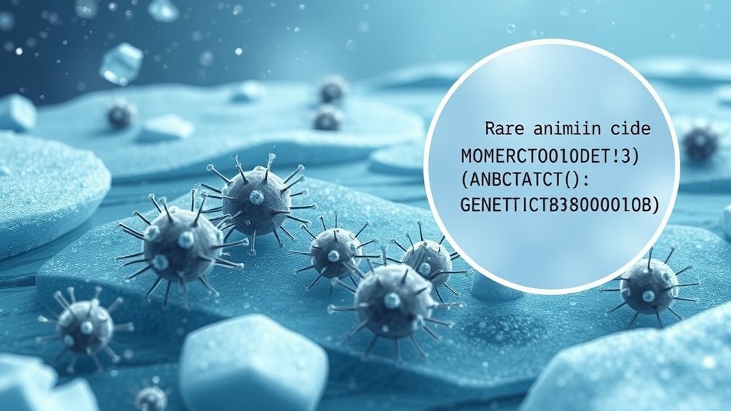 An illustration of Antarctic microbes in a cold environment, with a magnified view of their genetic code and the rare amino acid they produce.