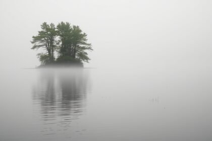 A serene lake with a few trees in the background, surrounded by a subtle haze, conveying the impact of methane emissions on the environment