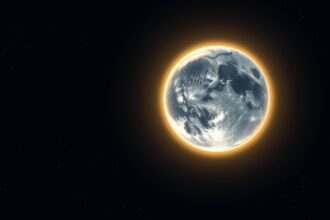 an illustration of the Earth and the Moon in space, with a subtle glow around the Earth to represent its energy transfer to the Moon