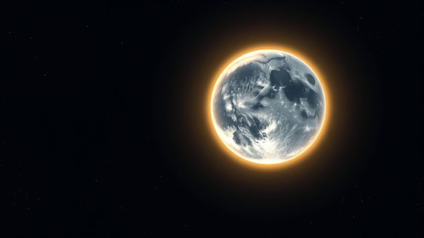 an illustration of the Earth and the Moon in space, with a subtle glow around the Earth to represent its energy transfer to the Moon