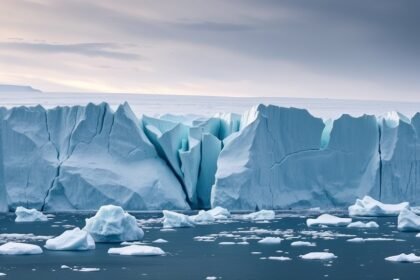 A dramatic image of Antarctica's Doomsday Glacier with large cracks and icebergs breaking off, set against a backdrop of a serene yet ominous polar landscape