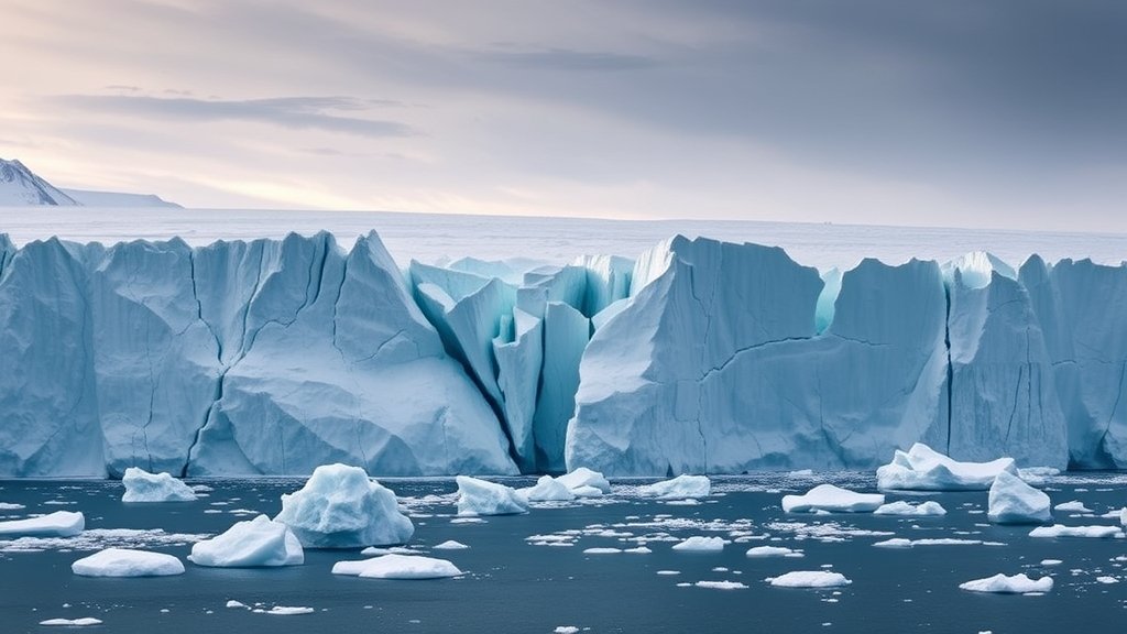 A dramatic image of Antarctica's Doomsday Glacier with large cracks and icebergs breaking off, set against a backdrop of a serene yet ominous polar landscape
