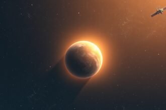 An illustration of a free-floating object in space with a subtle glow, surrounded by stars and galaxies, with a Chinese spacecraft in the distance, symbolizing the discovery of a new planet.