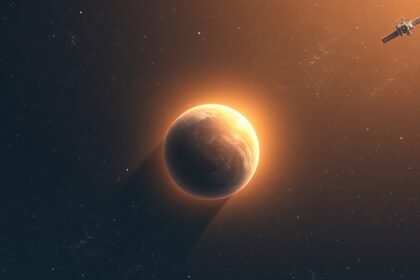 An illustration of a free-floating object in space with a subtle glow, surrounded by stars and galaxies, with a Chinese spacecraft in the distance, symbolizing the discovery of a new planet.