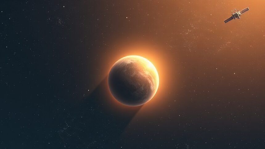 An illustration of a free-floating object in space with a subtle glow, surrounded by stars and galaxies, with a Chinese spacecraft in the distance, symbolizing the discovery of a new planet.