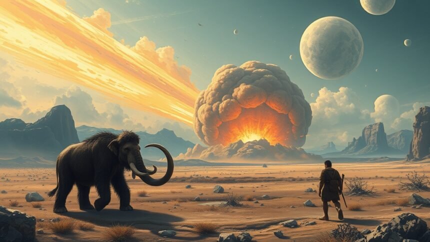 An illustration of a massive space explosion in the distant past, with a mammoth and a human in the foreground, surrounded by a devastated landscape.