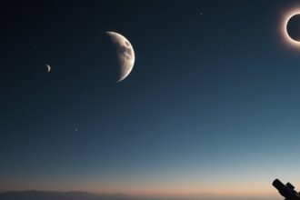 A serene nightscape with a full moon and a solar eclipse in the background, surrounded by stars and planets, with a subtle hint of a spacecraft or a telescope in the corner.