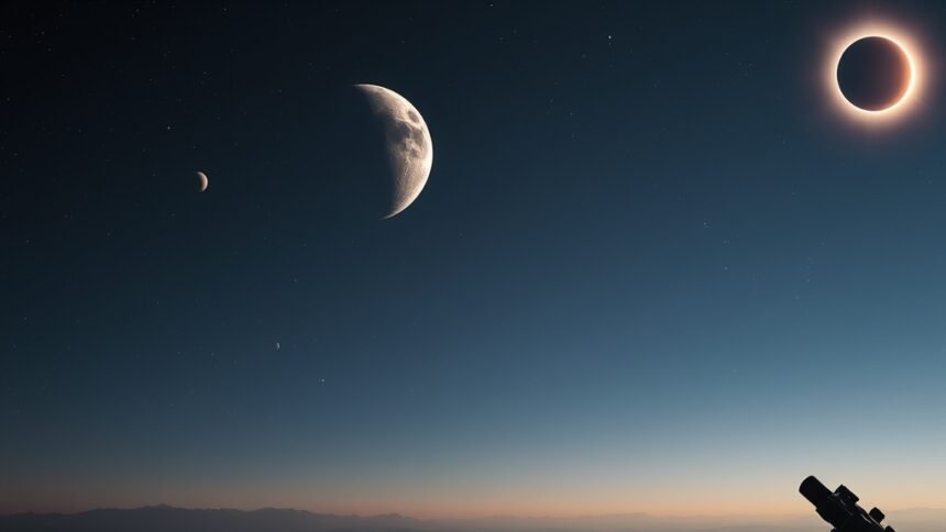 A serene nightscape with a full moon and a solar eclipse in the background, surrounded by stars and planets, with a subtle hint of a spacecraft or a telescope in the corner.