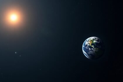 An illustration of the Voyager 1 spacecraft in the vastness of space, with the Earth and Sun in the distance, and a subtle glow of stars and galaxies surrounding it.