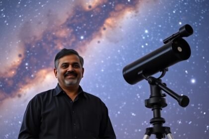 An image of Professor Raja Guhathakurta standing in front of a telescope, with a background of stars and galaxies, symbolizing the exploration of the universe.