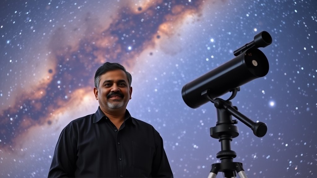 An image of Professor Raja Guhathakurta standing in front of a telescope, with a background of stars and galaxies, symbolizing the exploration of the universe.