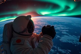 A high-resolution image of the Japanese astronaut capturing the aurora and sunrise from the space station, with the Earth's curvature visible in the background.