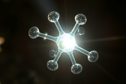 A microscopic image of a molecule with a flash of light revealing its secret structure
