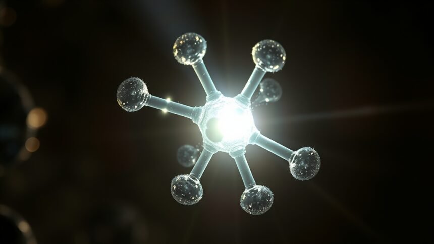 A microscopic image of a molecule with a flash of light revealing its secret structure