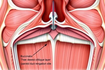 A detailed illustration of the buccinator muscle and its layered architecture, highlighting the deepest oblique layer at the parotid duct penetration site.