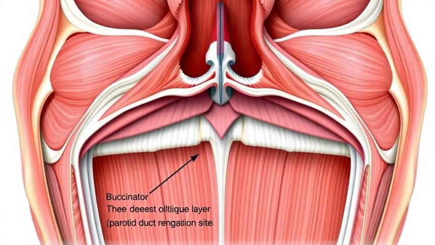 A detailed illustration of the buccinator muscle and its layered architecture, highlighting the deepest oblique layer at the parotid duct penetration site.