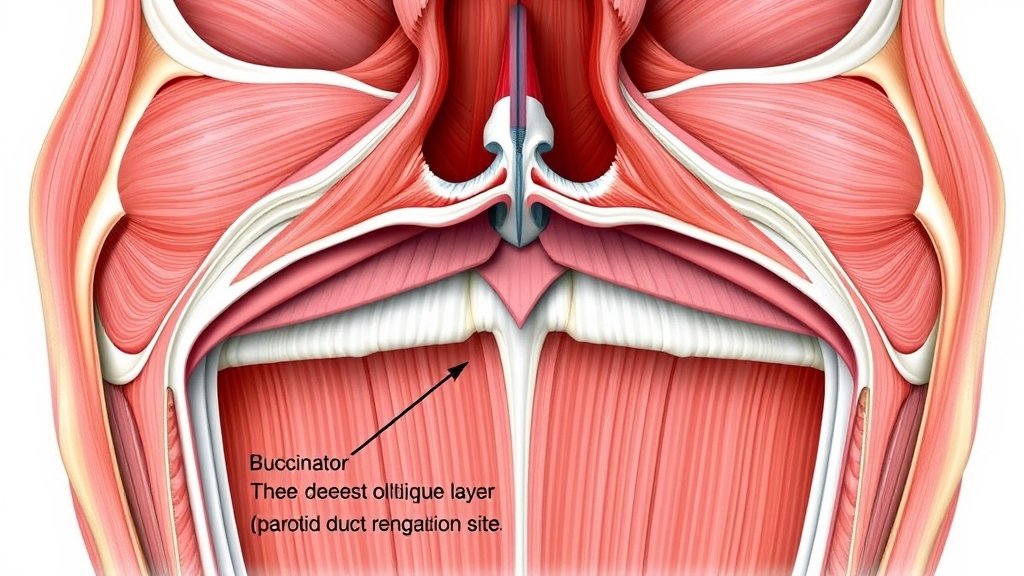 A detailed illustration of the buccinator muscle and its layered architecture, highlighting the deepest oblique layer at the parotid duct penetration site.
