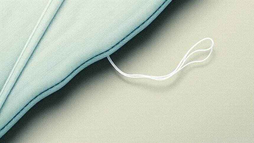 A detailed illustration of microplastic fibers from clothing entering the ocean and affecting marine life, with a subtle background of fabric texture and a few scattered fibers.