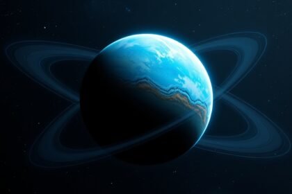 An artist's illustration of a habitable exomoon orbiting a gas giant planet, with a blue atmosphere and liquid water on its surface, set against a starry background.