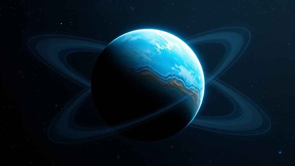 An artist's illustration of a habitable exomoon orbiting a gas giant planet, with a blue atmosphere and liquid water on its surface, set against a starry background.