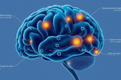 A detailed illustration of the human brain with highlighted areas responsible for task switching and cognitive flexibility, incorporating elements of neural connections and synapses.