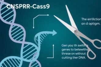An illustration of the CRISPR-Cas9 system, with a DNA double helix and a pair of scissors or a cutting tool, highlighting the new breakthrough that allows genes to be turned on without cutting the DNA.